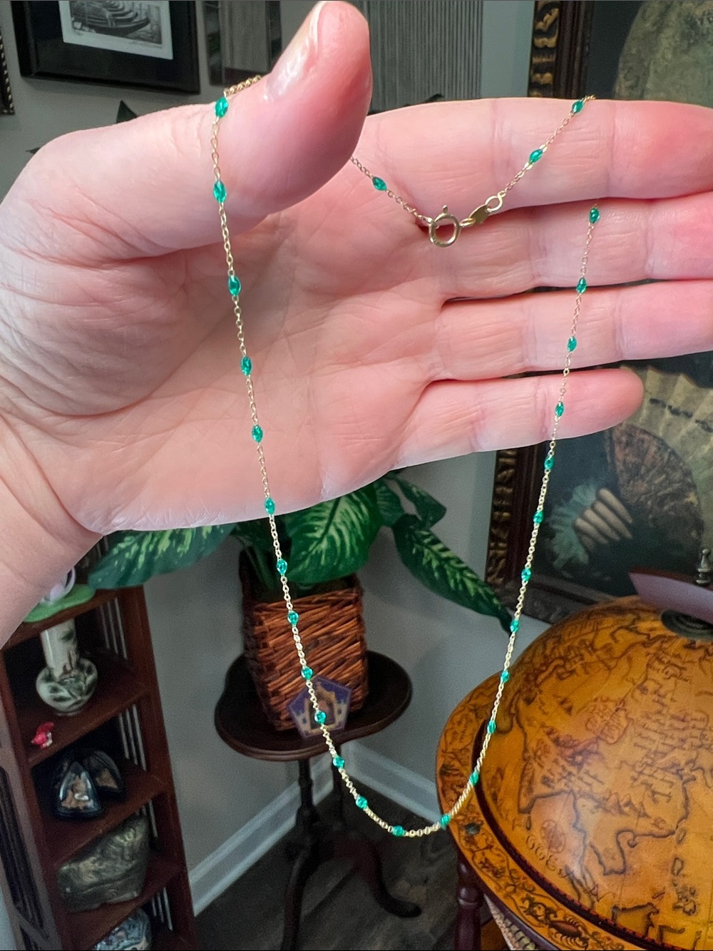 Dainty 14k Solid Yellow Gold Italy 585 Emerald Green Enamel Station Necklace
